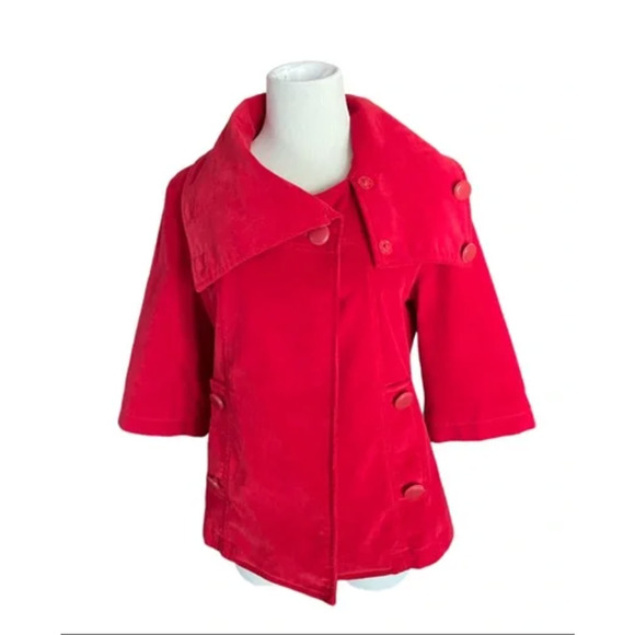 Tulle Red Corduroy Turquoise Lined Foldover Collar Jacket 3/4 Sleeves S - Picture 2 of 15